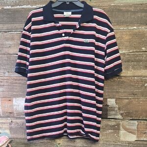 Lacoste Navy Polo with Red and White Stripes, Size 8 (XL)